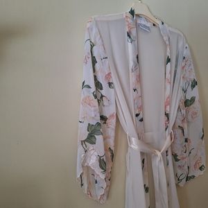 Sheer Robe Vintage Val Mode Lingerie Cream Pink Floral Full Length STUNNING! 💕